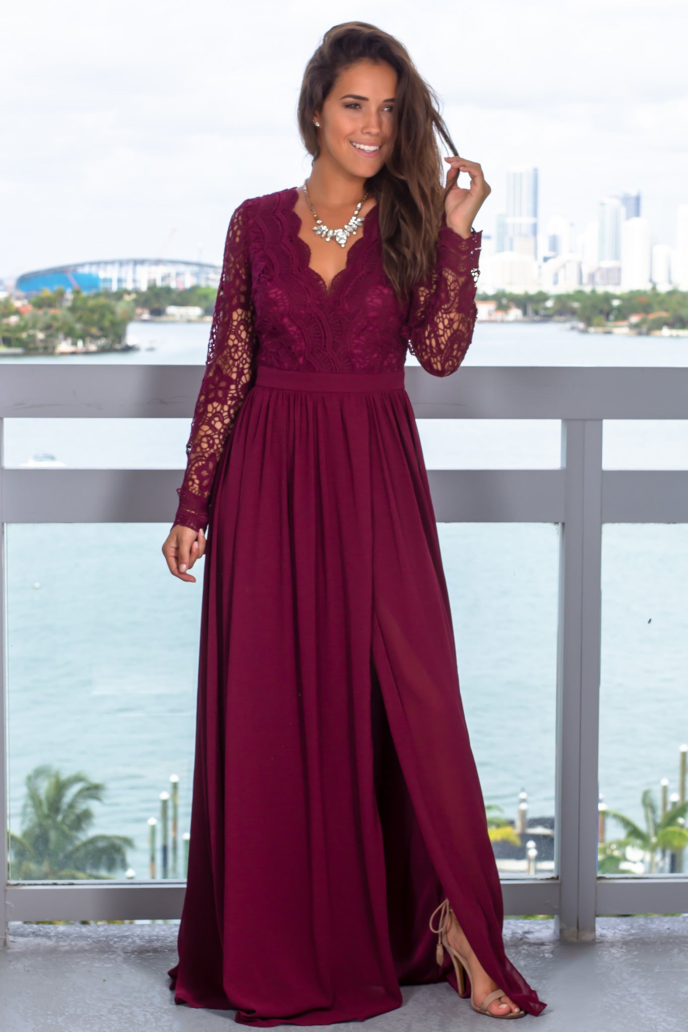 Burgundy Maxi Dress with Long Sleeves ...